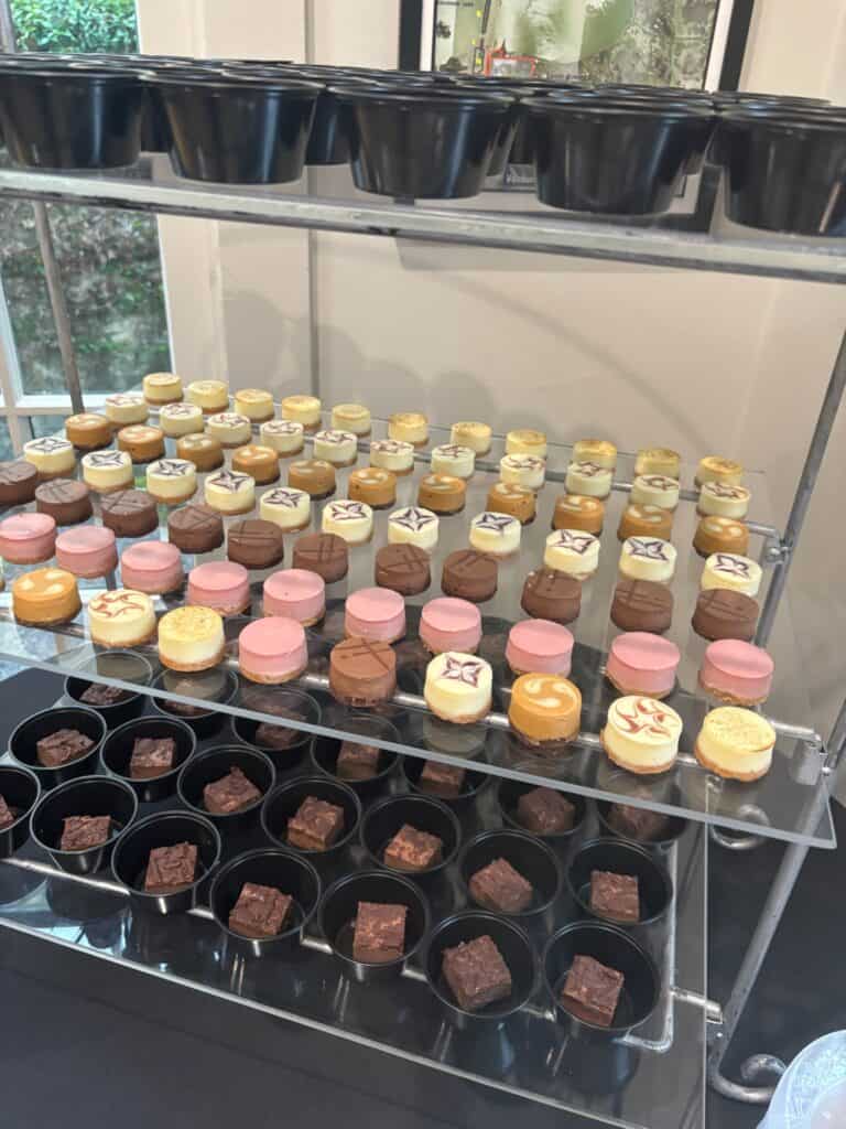 Rows of assorted mini desserts, including cheesecakes and chocolate squares, are arranged on clear shelves next to black plastic bowls.