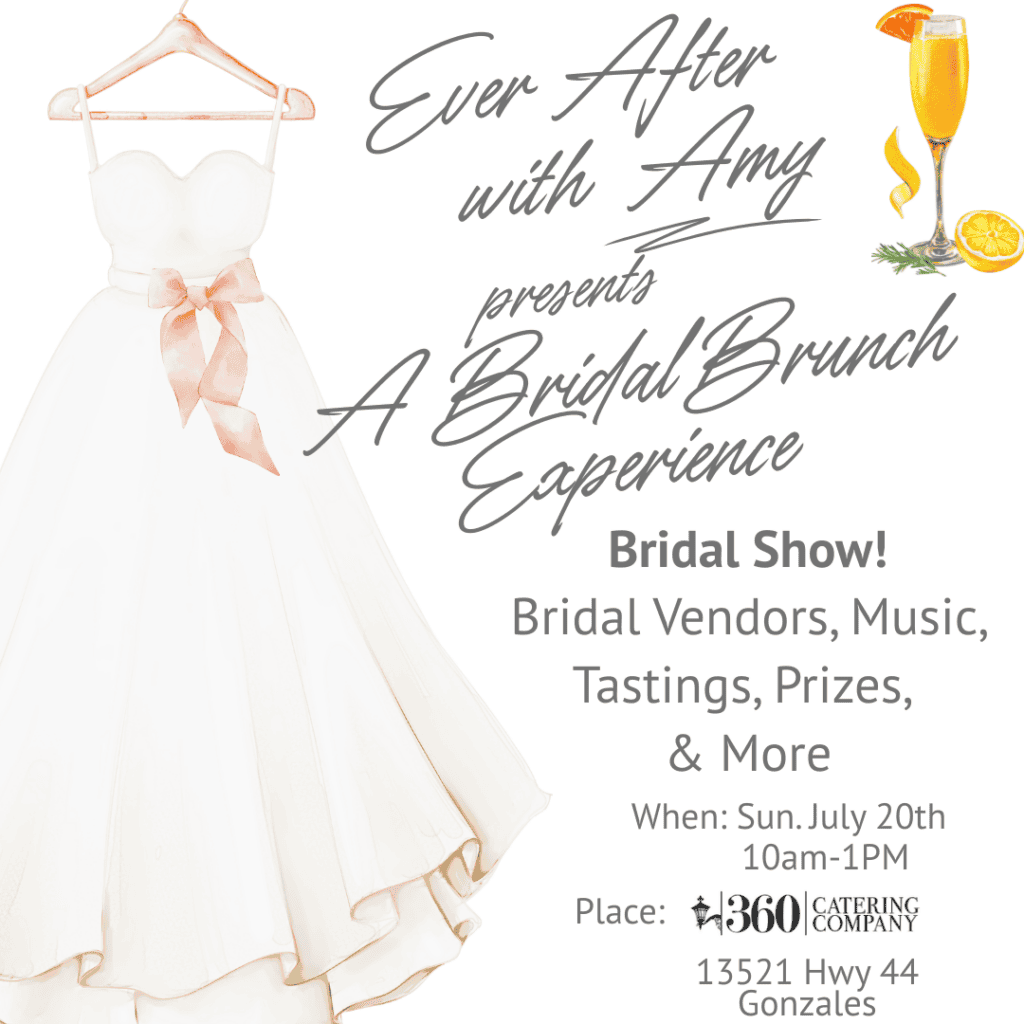 A white wedding dress on a hanger, Amy's Bridal event details for a brunch, and an illustration of a mimosa with lemon slices.
