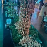 A buffet table displays a large shrimp tower centerpiece, surrounded by shrimp, leafy greens, and trays of food at an event.